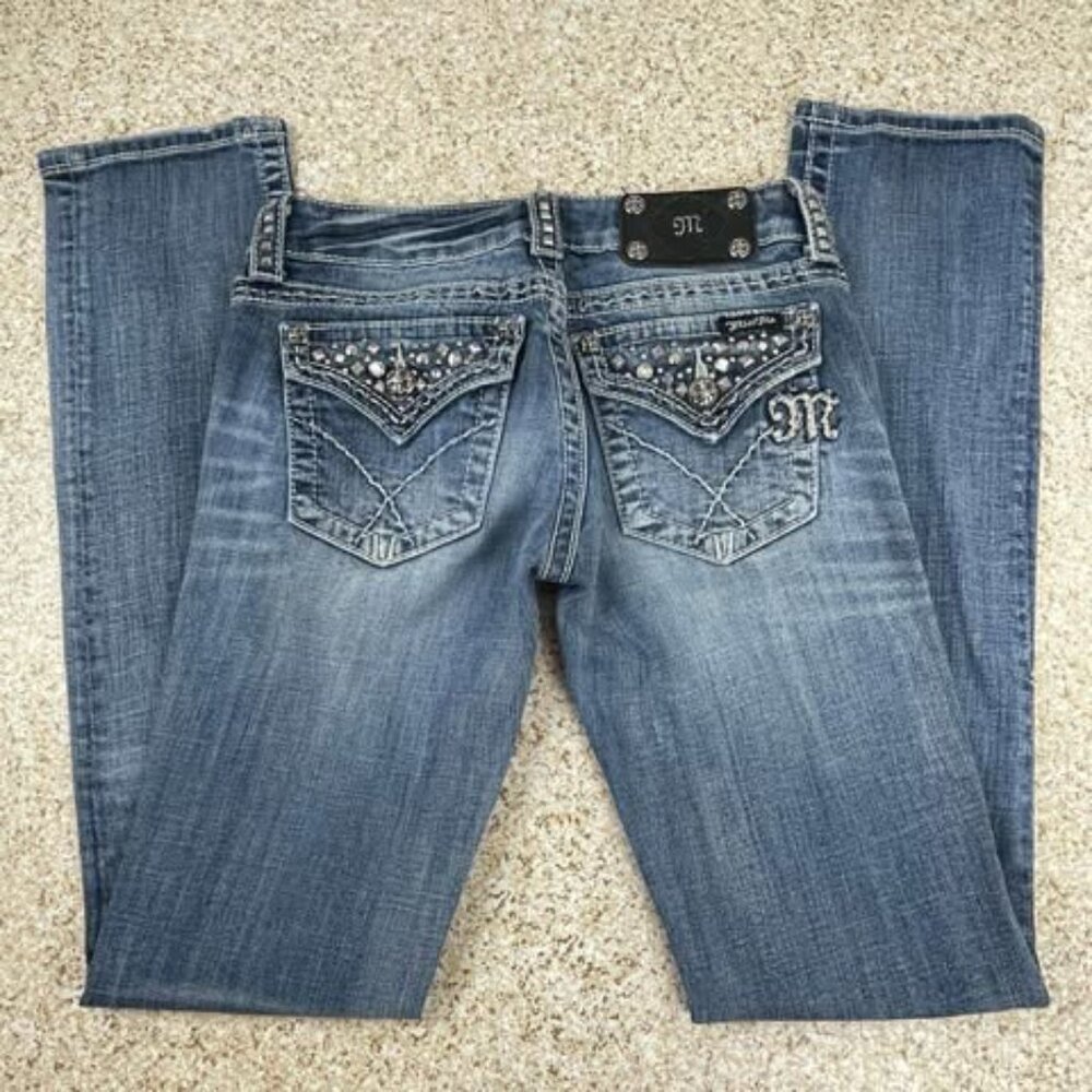 Miss Me Jeans 26 Straight MK 3D Rhinestone Flap Pocket Denim Buckle Exclusive
